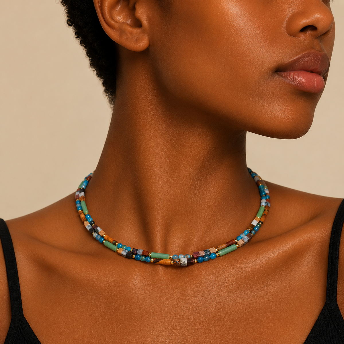 Mosaic Horizon Necklace worn at the neckline