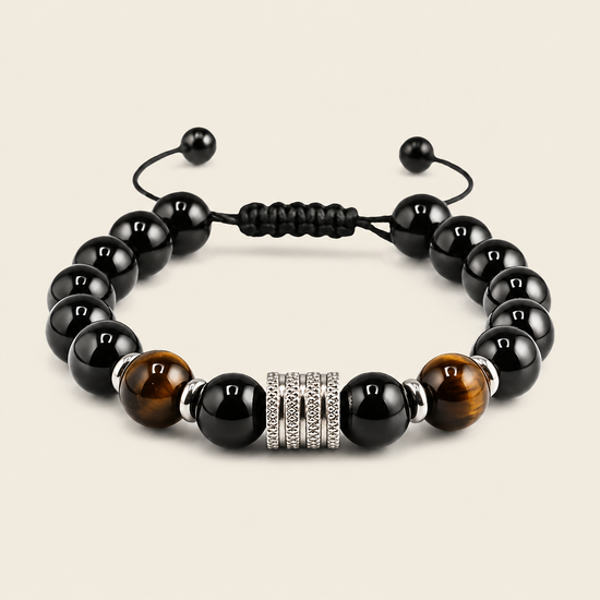 Night Axis Bracelet with dark round beads and a rectangular metal accent