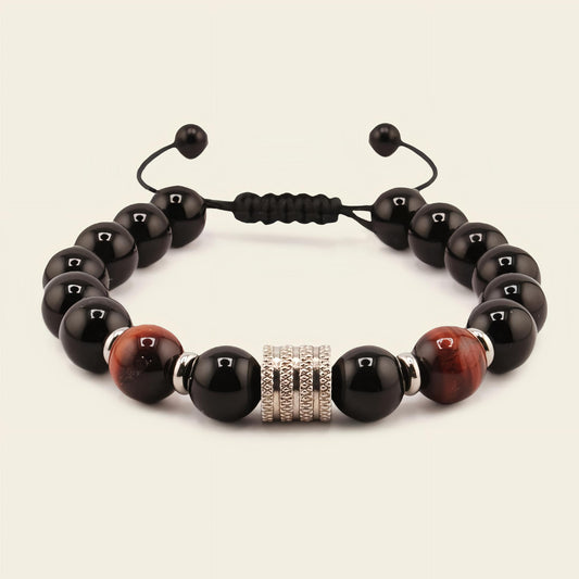 Night Axis Bracelet with dark round beads and a rectangular metal accent