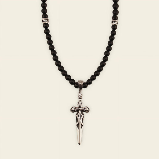 Night Blade Necklace with dark beads and a sword-shaped pendant