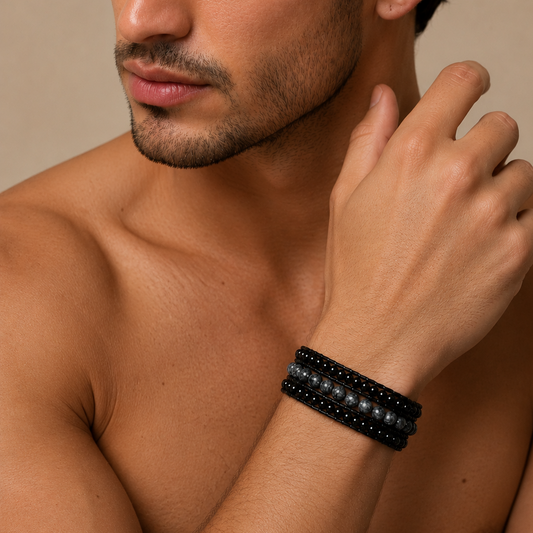 Nightmark Wrap Bracelet worn on the wrist, with layered dark faceted beads