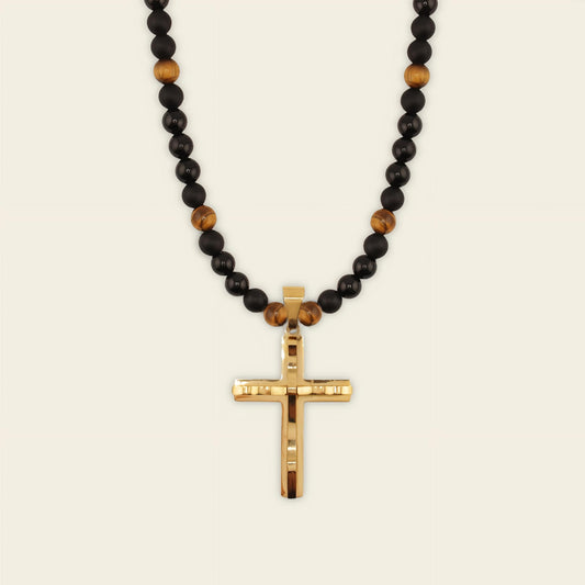 Obsidian Mark Necklace with dark beads and a cross pendant