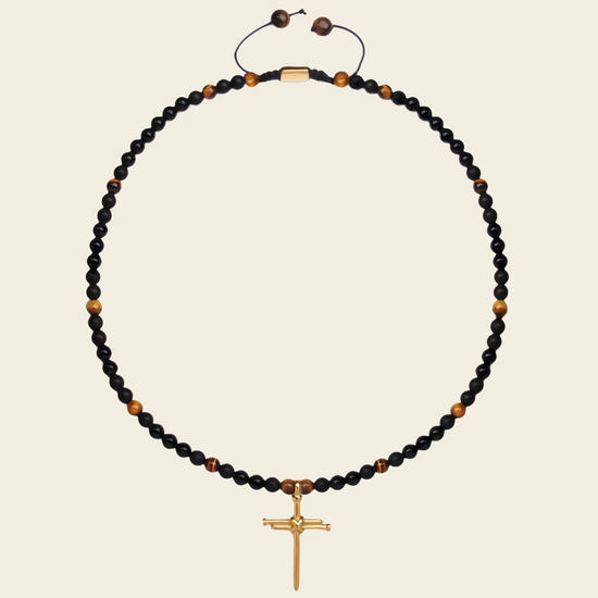 Obsidian Might Necklace with dark beads and a cross pendant