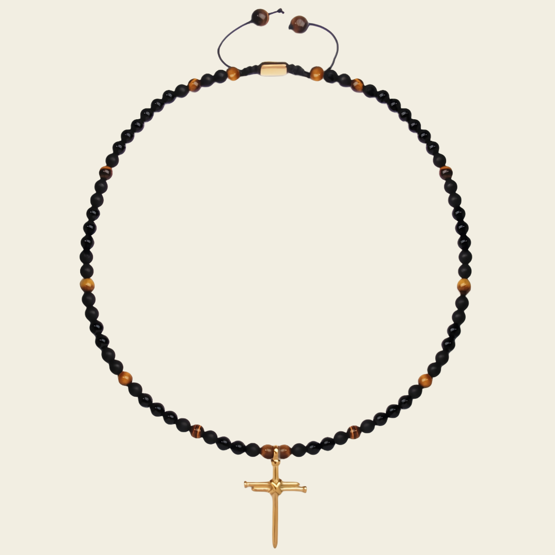 Obsidian Might Necklace with dark beads and a cross pendant
