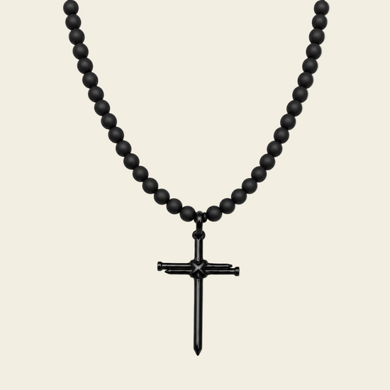 Obsidian Might Necklace with dark beads and a cross pendant