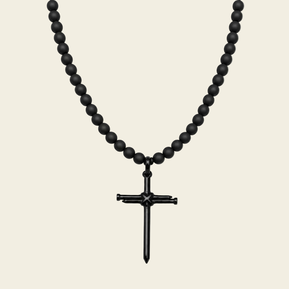 Obsidian Might Necklace with dark beads and a cross pendant