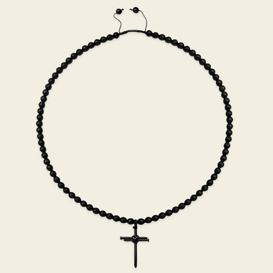 Obsidian Might Necklace with dark beads and a cross pendant