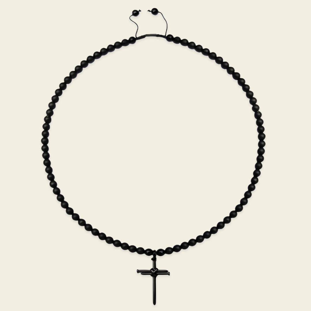 Obsidian Might Necklace with dark beads and a cross pendant