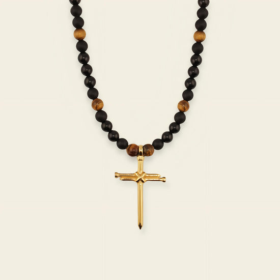 Obsidian Might Necklace with dark beads and a cross pendant