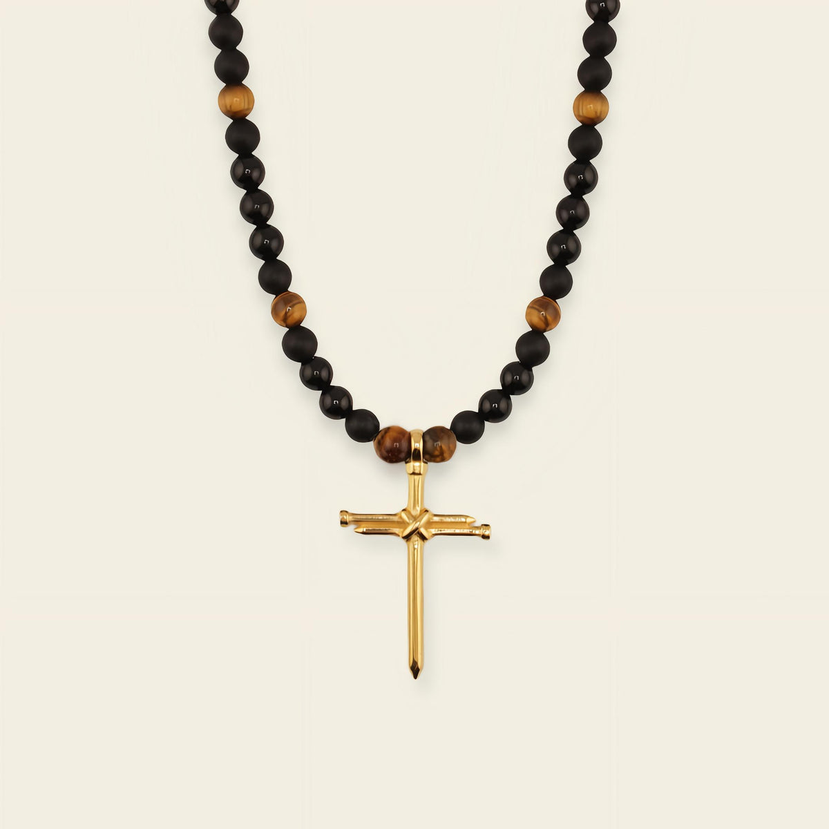 Obsidian Might Necklace with dark beads and a cross pendant