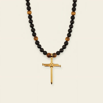 Obsidian Might Necklace with dark beads and a cross pendant