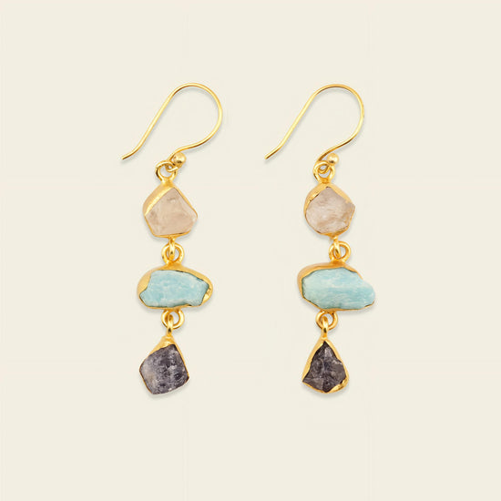 Ocean Muse Earrings with pale and turquoise-coloured stones with dark teardrop drops