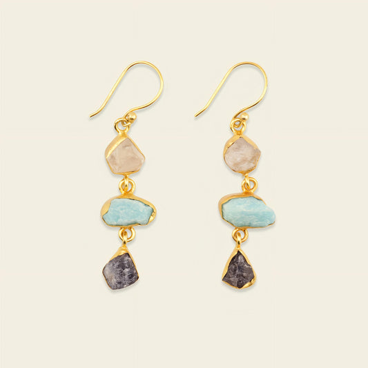 Ocean Muse Earrings with pale and turquoise-coloured stones with dark teardrop drops