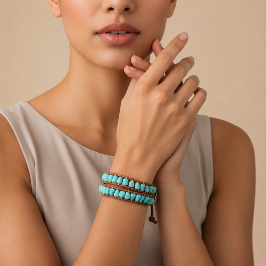 Ocean Path Bracelet worn on the wrist, with pale turquoise-coloured stone tiles