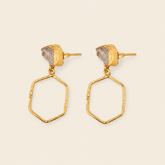 Open Halo Earrings with open hexagonal drops beneath pale stone tops
