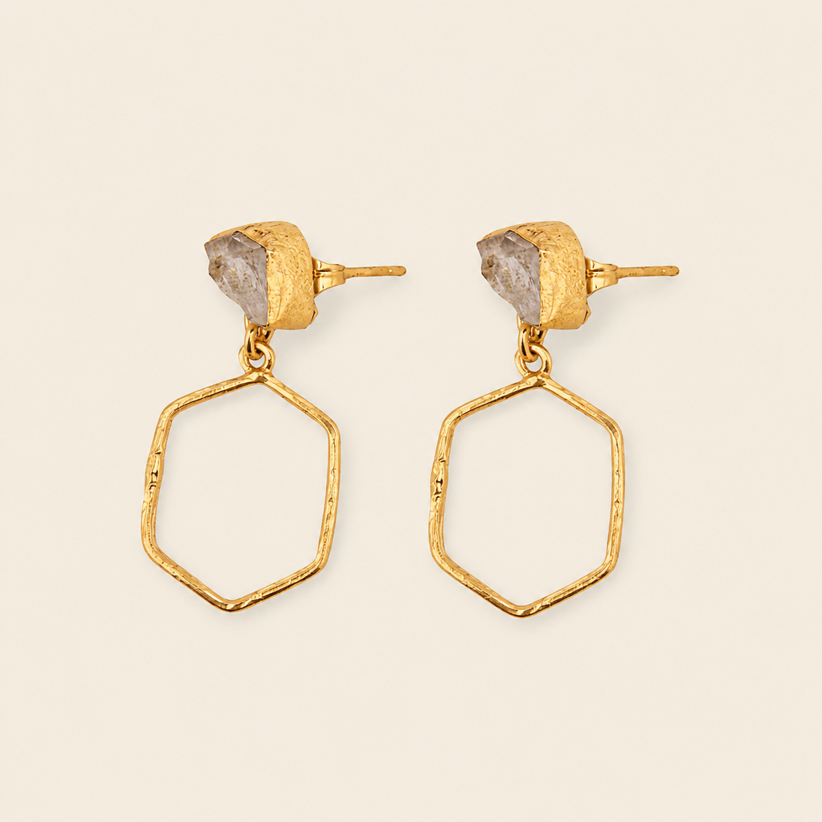 Open Halo Earrings with open hexagonal drops beneath pale stone tops