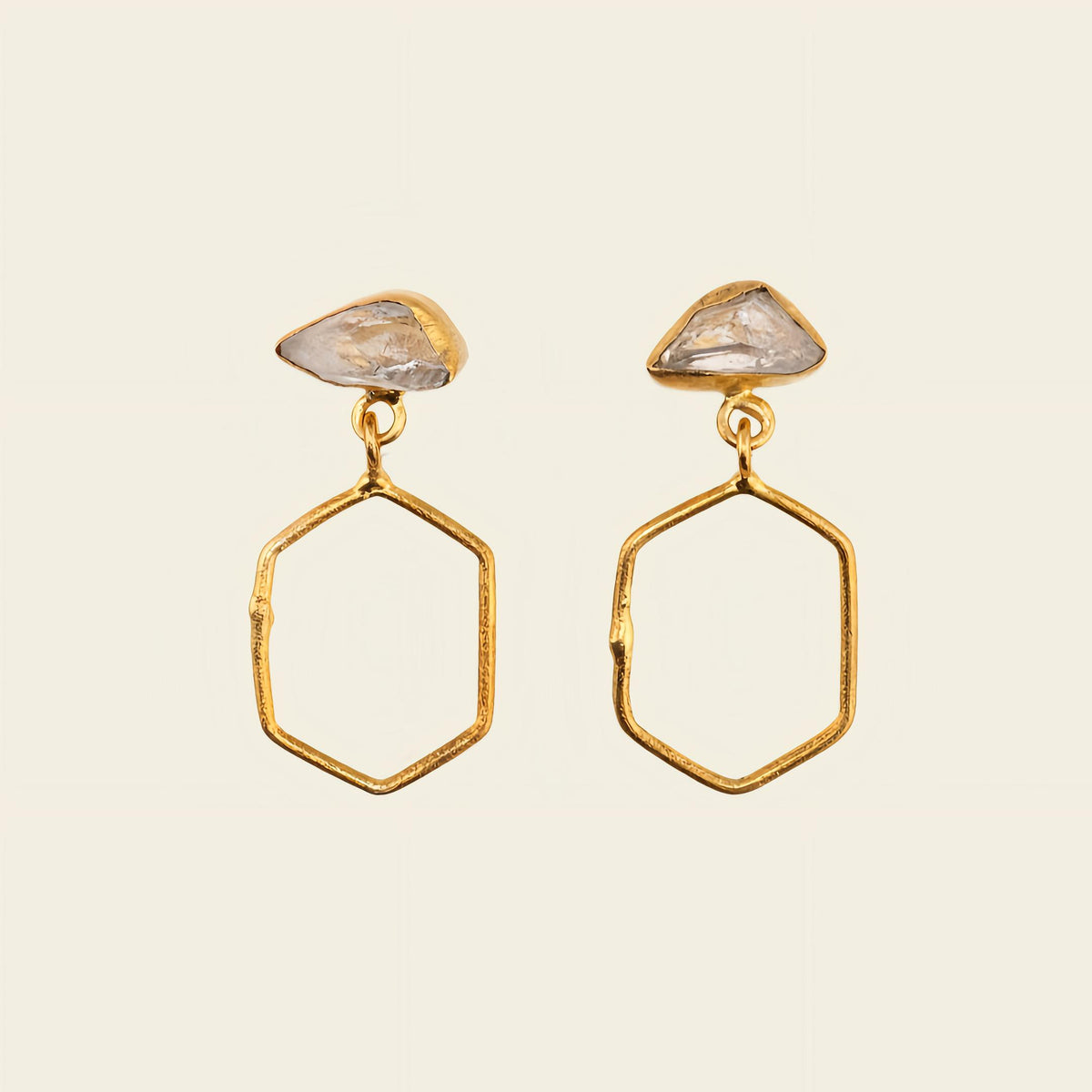 Open Halo Earrings with open hexagonal drops beneath pale stone tops