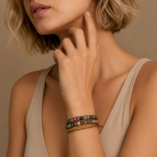 Orbitstone Bead Bracelet worn on the wrist, with multicoloured round beads in three layered strands