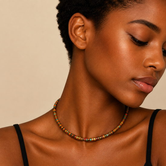 Painted Terrain Necklace worn at the neckline