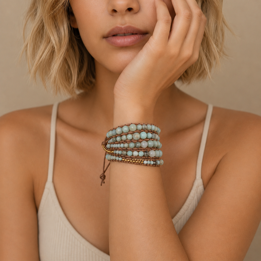 Paleshore Bead Bracelet worn on the wrist, with pale round beads on a layered brown cord wrap