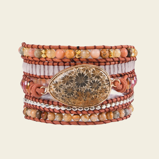 Pattern Hold Bracelet with layered red and earth-toned beads