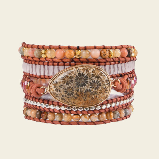 Pattern Hold Bracelet with layered red and earth-toned beads