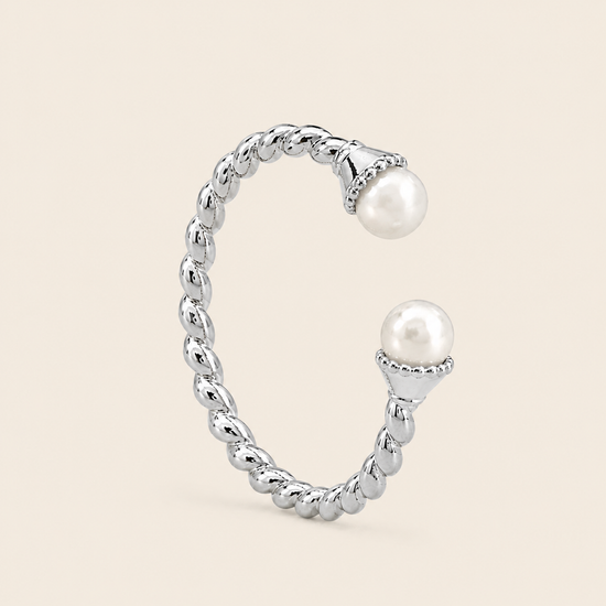Pearl Arc Ring with an open twisted band with pearl ends in silver finish