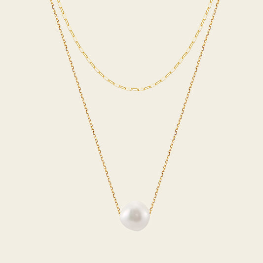 Pearl Drift Necklace with a layered fine chain and single pearl pendant in gold finish