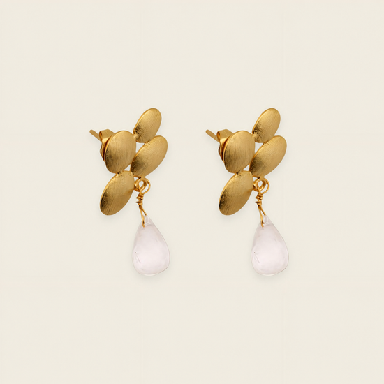 Petal Glow Earrings with gold-coloured flower tops and pale teardrop drops