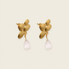 Petal Glow Earrings with gold-coloured flower tops and pale teardrop drops