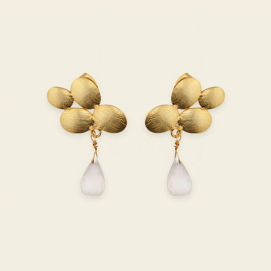 Petal Glow Earrings with gold-coloured flower tops and pale teardrop drops