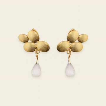 Petal Glow Earrings with gold-coloured flower tops and pale teardrop drops