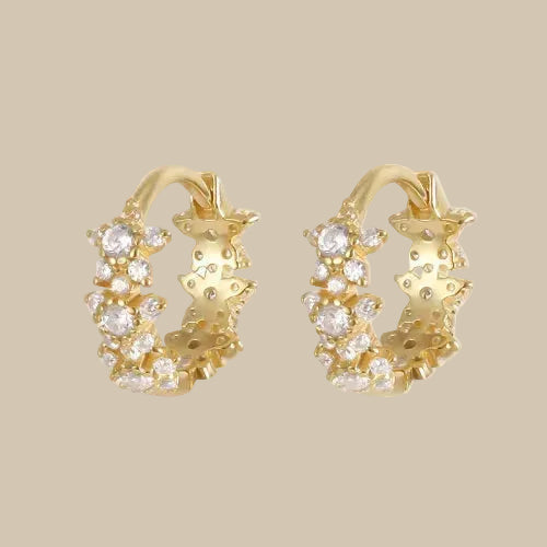 Gold-coloured flower-detail hoop earrings set with clear stones