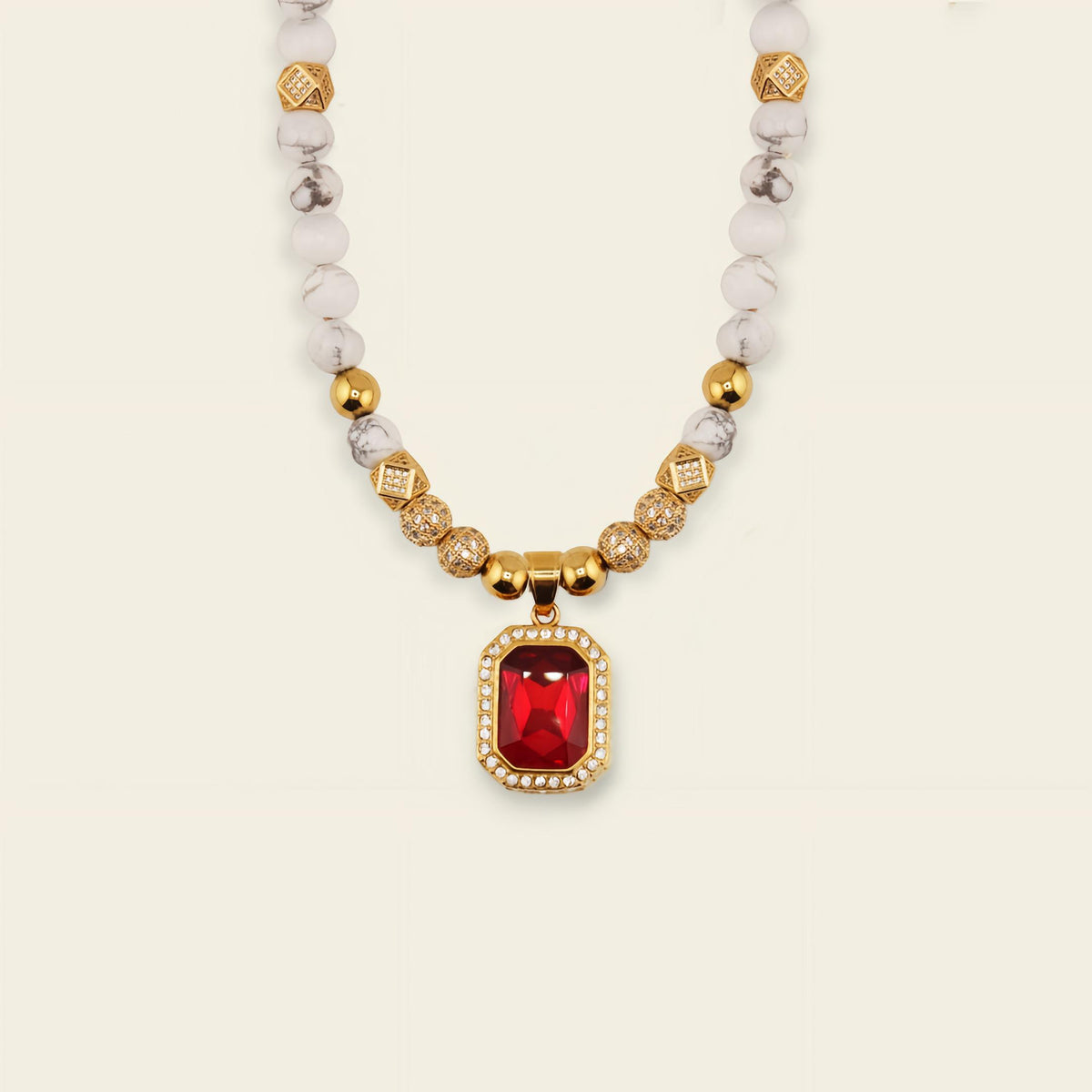 Prism Edge Necklace with round stone beads and a rectangular pendant
