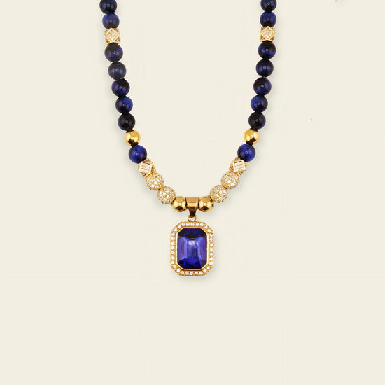 Prism Edge Necklace with round stone beads and a rectangular pendant