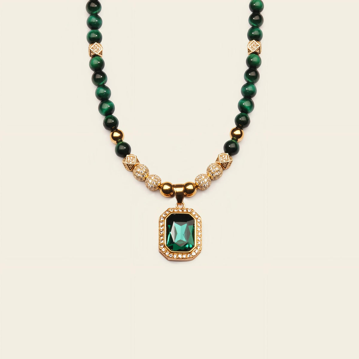 Prism Edge Necklace with round stone beads and a rectangular pendant