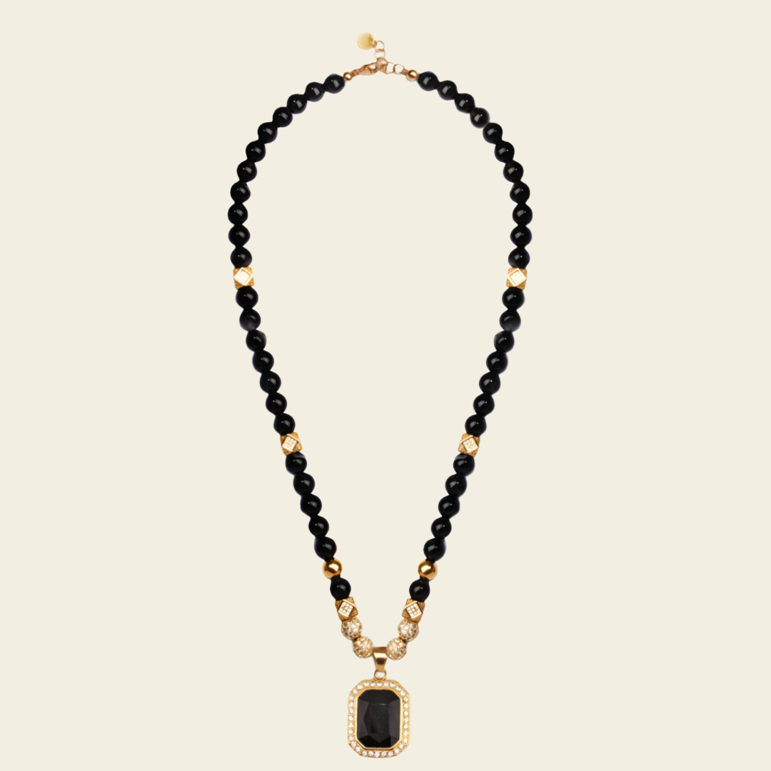 Prism Edge Necklace with round stone beads and a rectangular pendant