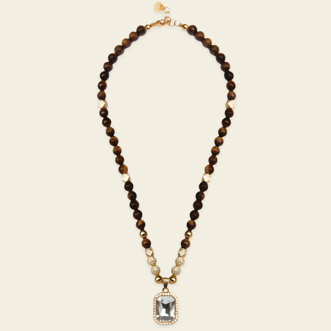 Prism Edge Necklace with round stone beads and a rectangular pendant