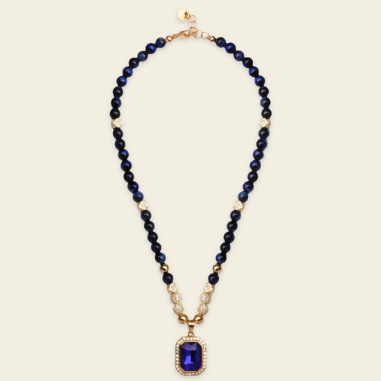 Prism Edge Necklace with round stone beads and a rectangular pendant