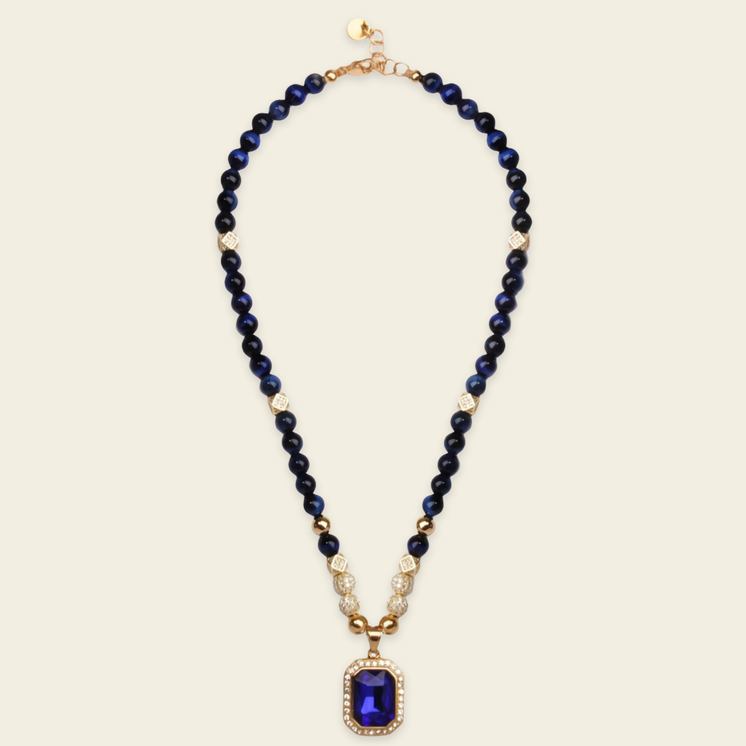 Prism Edge Necklace with round stone beads and a rectangular pendant