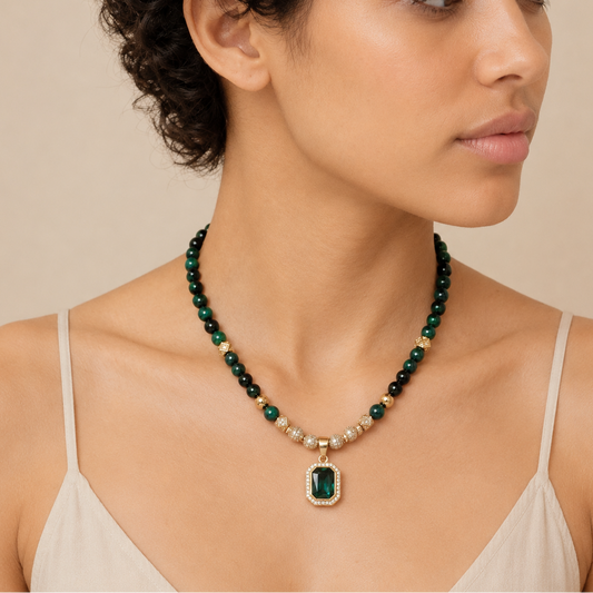 Prism Edge Necklace worn at the neckline, with round stone beads and a rectangular pendant