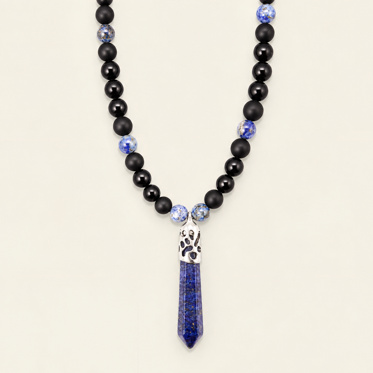Prism Point Necklace with round stone beads and a pointed pendant