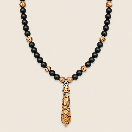 Prism Point Necklace with round stone beads and a pointed pendant