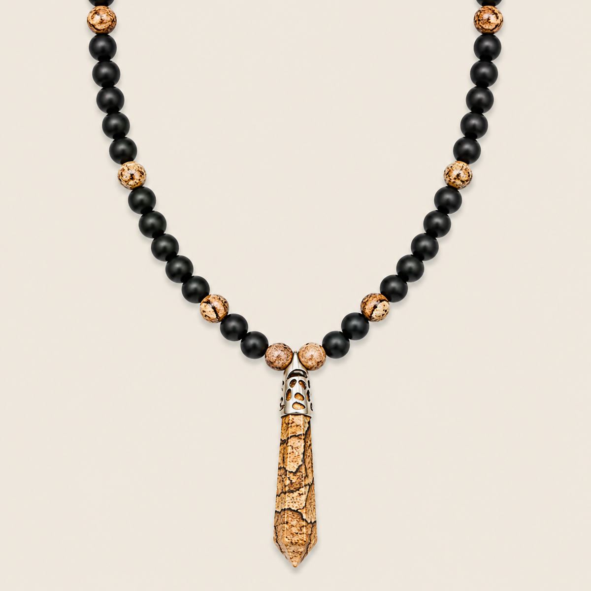 Prism Point Necklace with round stone beads and a pointed pendant