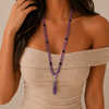Prism Point Necklace worn at the neckline, with round stone beads and a pointed pendant