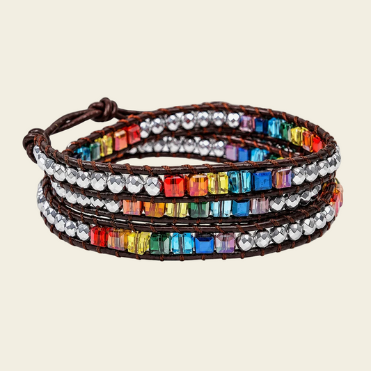 Prismline Wrap Bracelet with multicoloured beads woven onto dark cord
