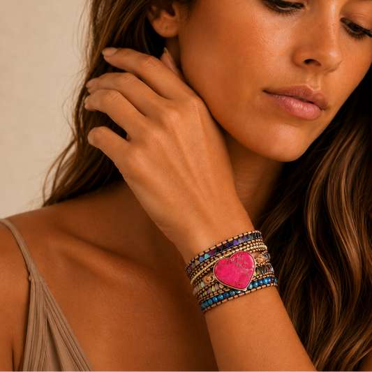 Pulse Bond Bracelet worn on the wrist, with layered multicoloured beads and a heart centre