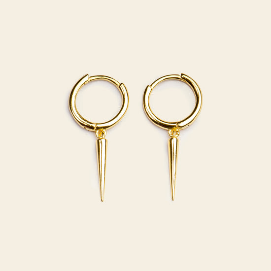Quiet Edge Earrings with small hoops with pointed spike charms in gold finish