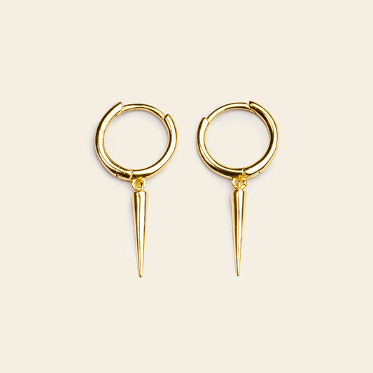 Quiet Edge Earrings with small hoops with pointed spike charms in gold finish