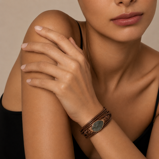 Quiet Ember Bracelet worn on the wrist, with a grey stone centre on layered brown cord